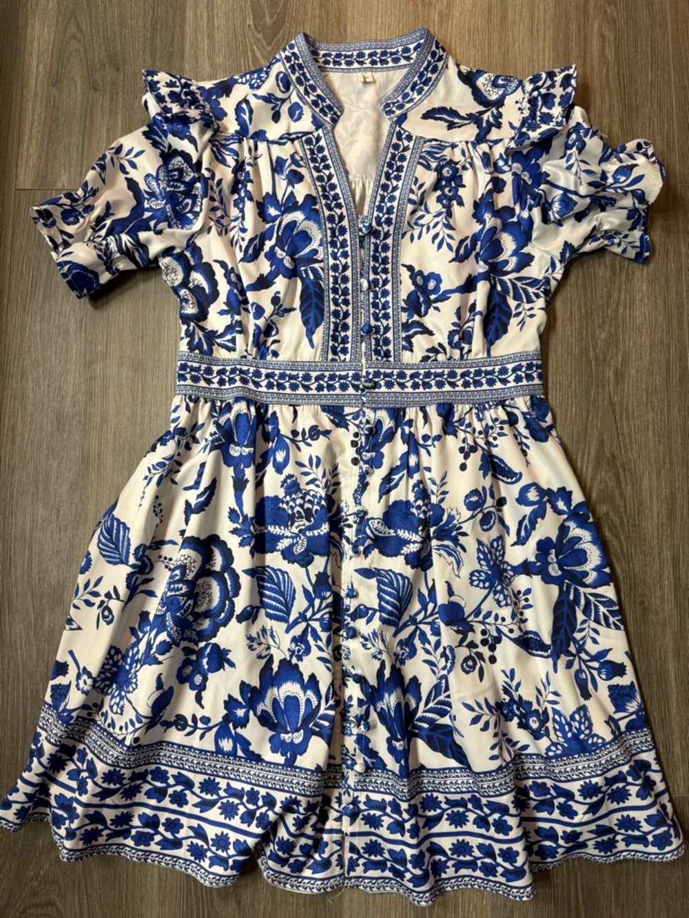 Blue & White Floral Cottage Mini Dress Boho Coastal Grandma Flutter Sleeve